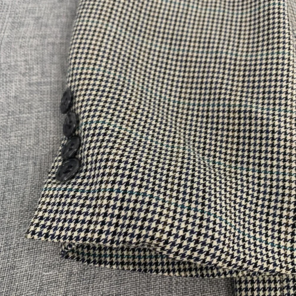 Vintage Mens Oscar‎ de la Renta Blazer Houndstooth 46L 100% Wool Line Ivory Navy